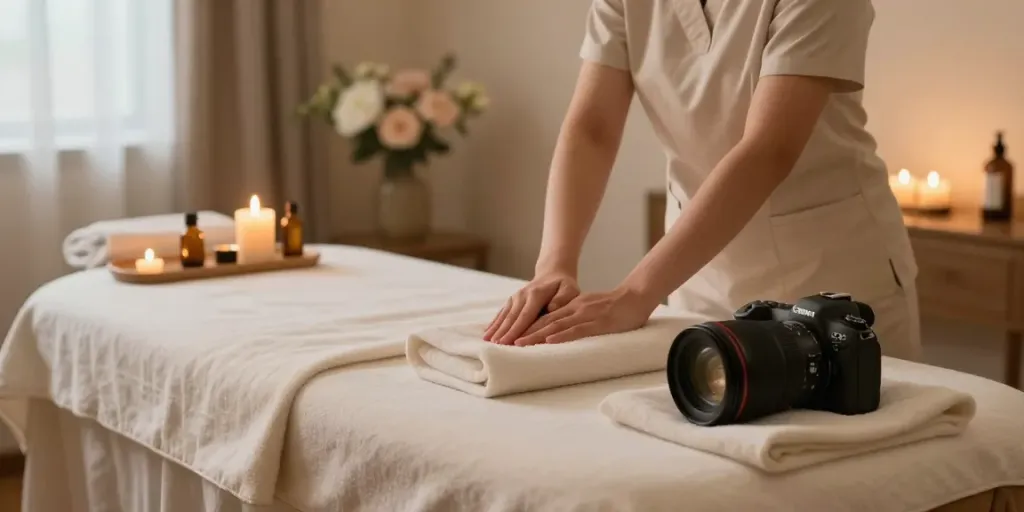 청라출장마사지 setup with a tranquil spa atmosphere, featuring a massage table with aromatic oils and calming decor.