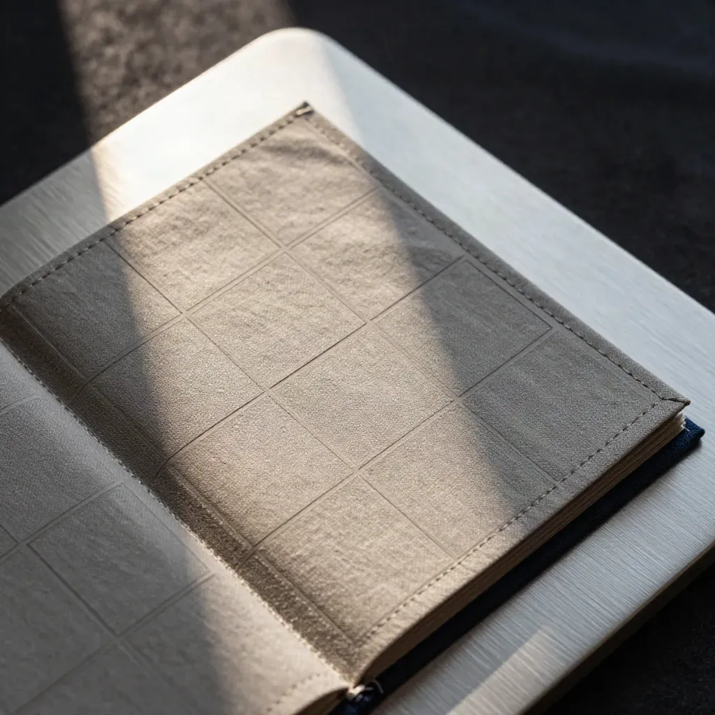 Macro flat lay of a linen calendar kit with seven blank cards on pewter.