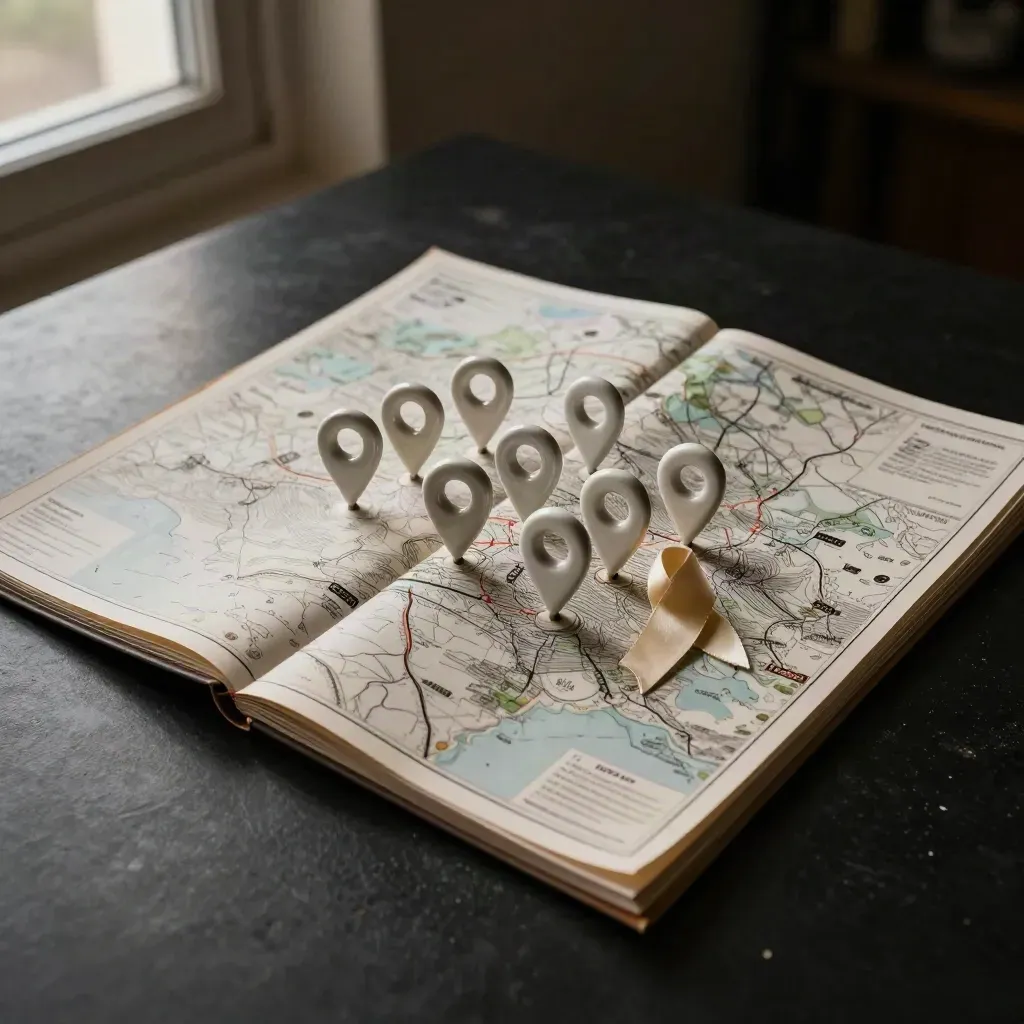 Fold-out SEO map board with pins, ceramic marker and ribbon tie on a dark studio surface.