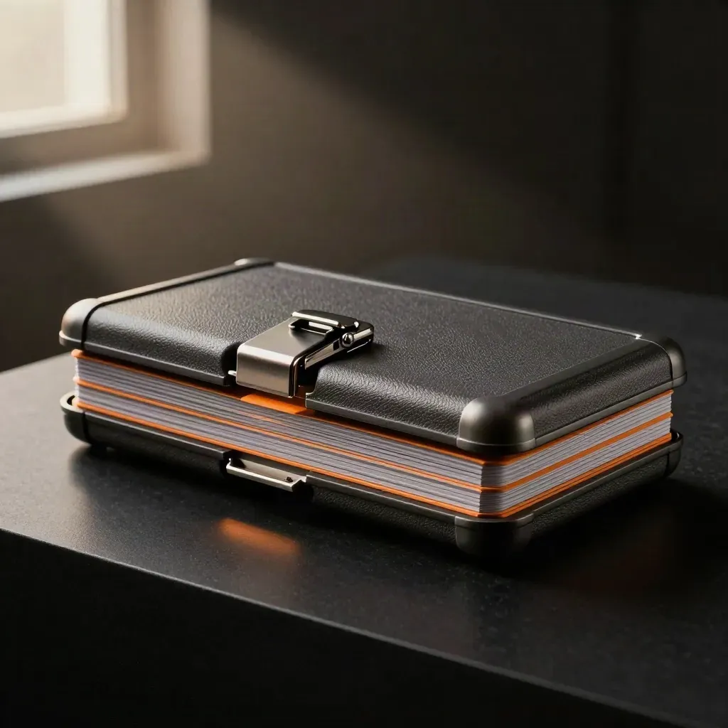 Graphite campaign case with orange edge tape opening in dramatic studio light.