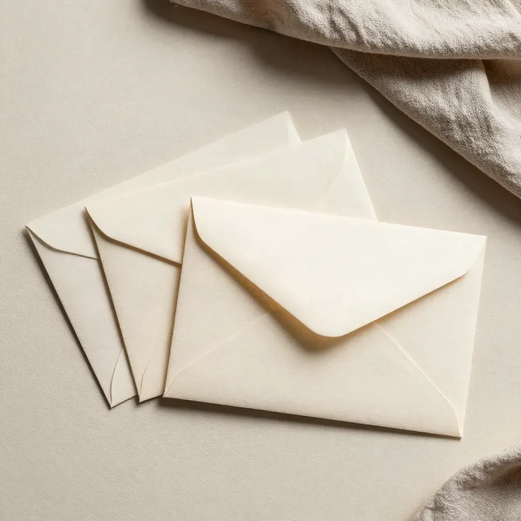 Cream envelope flow with blank cards and folded linen in a clean overhead flatlay.