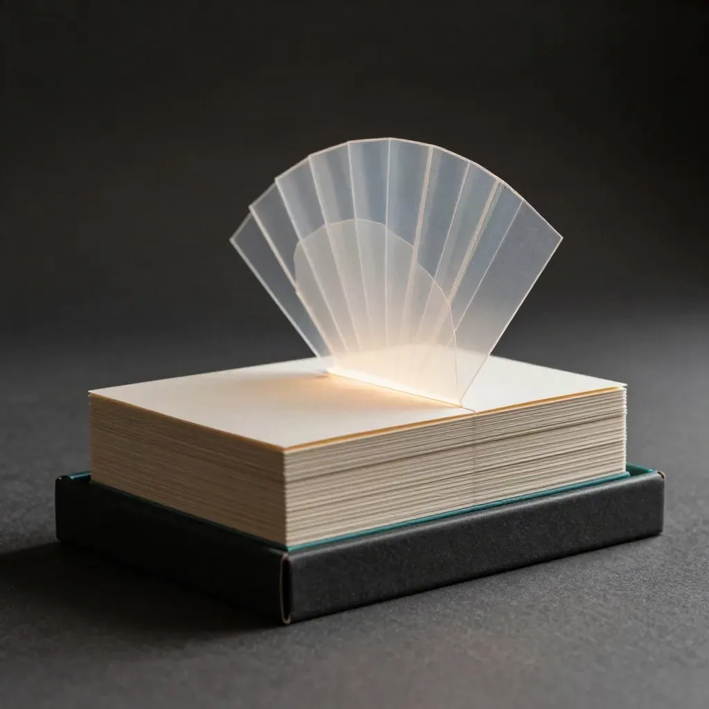 Compact social post pack box with fan of blank cards on a dark plinth