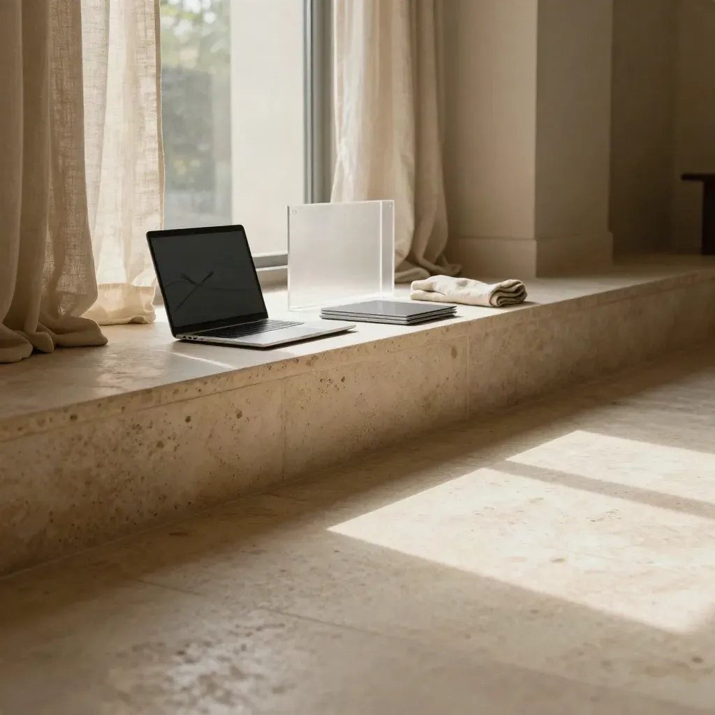 Sunlit travertine atrium with linen curtains and muted SEO planning objects on a ledge.